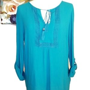 Zac & Rachel boho teal peasant blouse beaded tassel detailed neckline